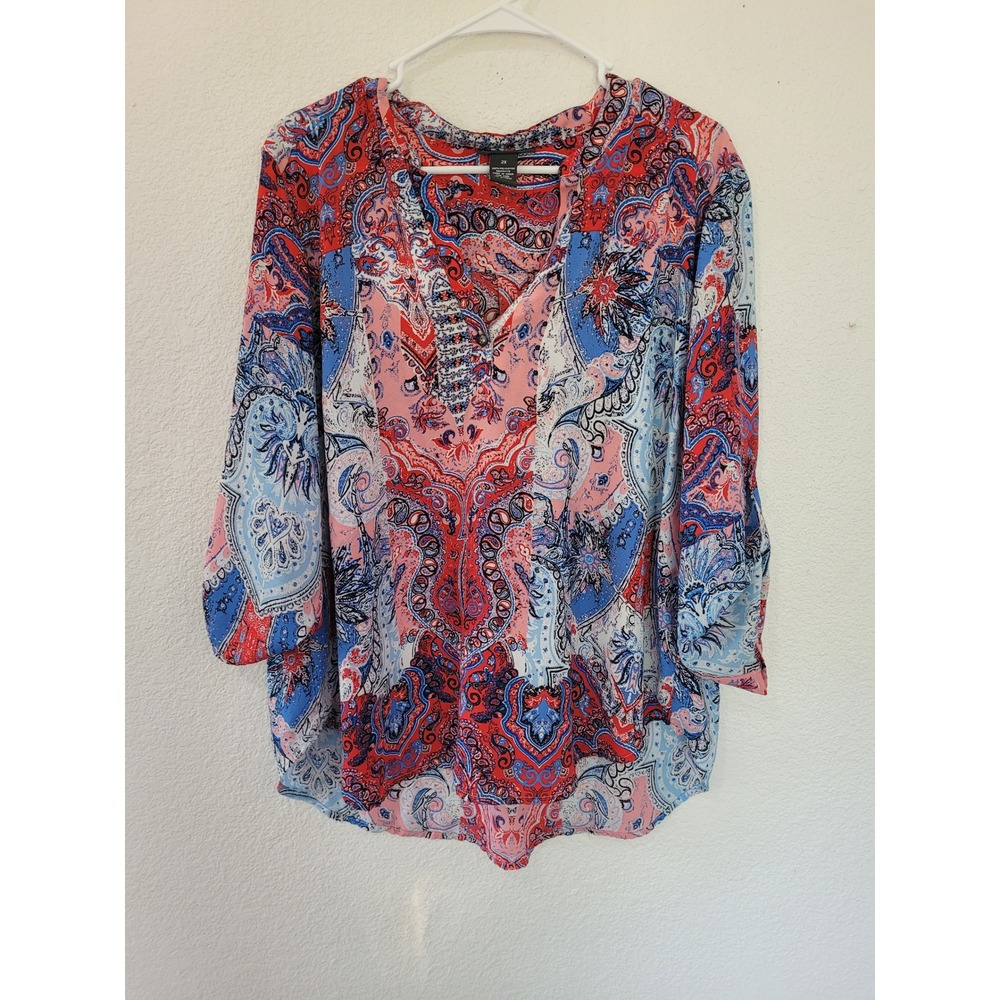 Chelsea‎ & Theodore Paisley Blouse Roll-Tab Sleeve V-Neck Top 2X Patriotic #20
